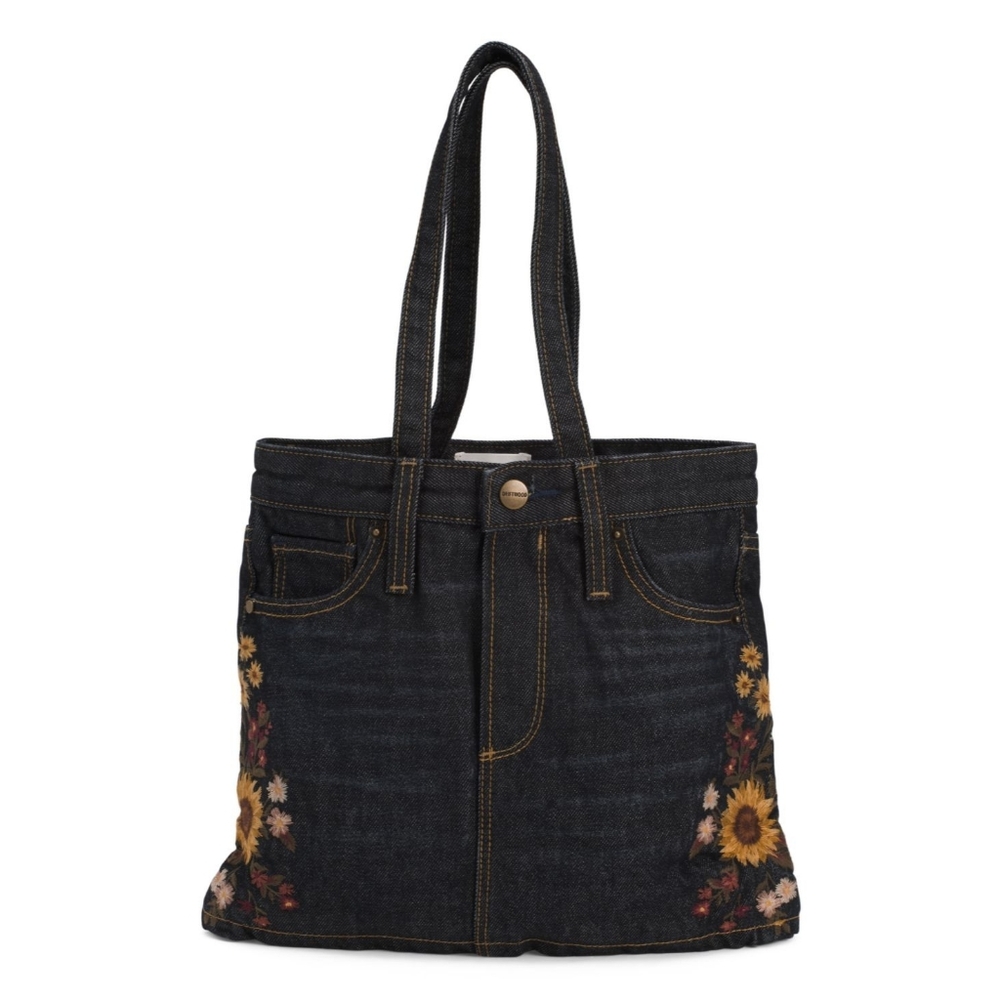 Floral Embroidered Denim Tote Bag